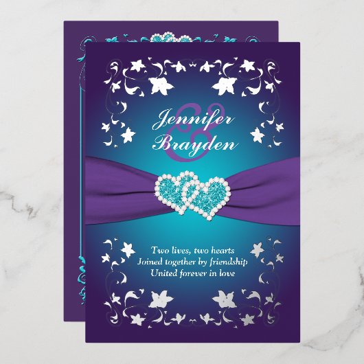 銀フローラ、紫、ティール（緑がかった色）結合ハート2 箔招待状 (正面/裏面)