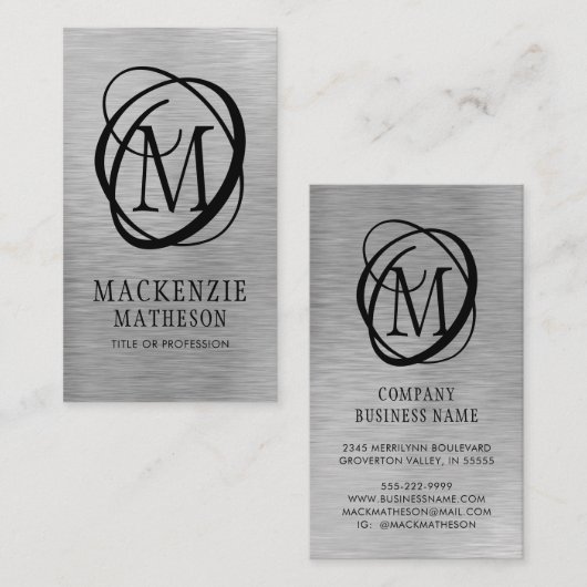 銀ブラシ仕上げ金属モノグラエレガントム 名刺 (正面/裏面)