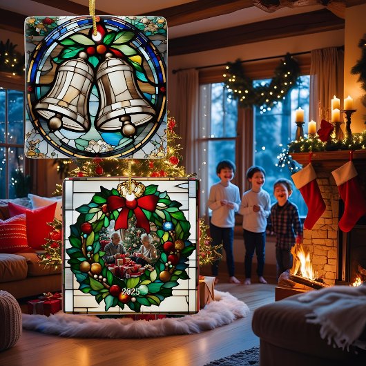 銀ベルフェイクステンドグラス セラミックオーナメント