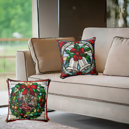 銀ベル赤リボンフェイクステンドグラス クッション