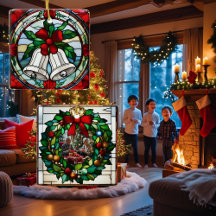 銀ベル赤リボンフェイクステンドグラス