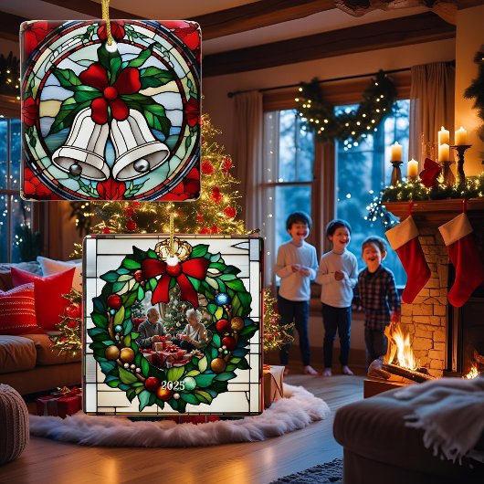 銀ベル赤リボンフェイクステンドグラス セラミックオーナメント