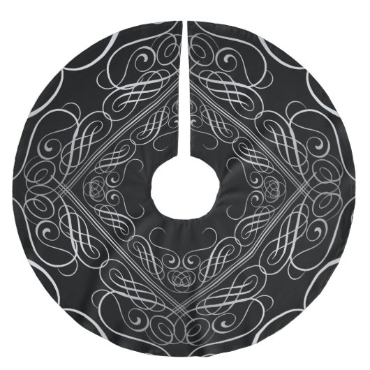 銀ホイルエレガントルフィリグリーのスクロールワークブラック ブラッシュドポリエステルツリースカート (正面)