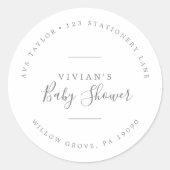 銀ミニマル赤ちゃんシャワー円形差出人住所 ラウンドシール (正面)