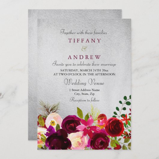 銀メタリックブルゴーニュレッドフローラ結婚式の招待 招待状 (正面/裏面)