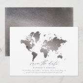 銀メタリック世界の結婚地図 案内状 (正面/裏面)