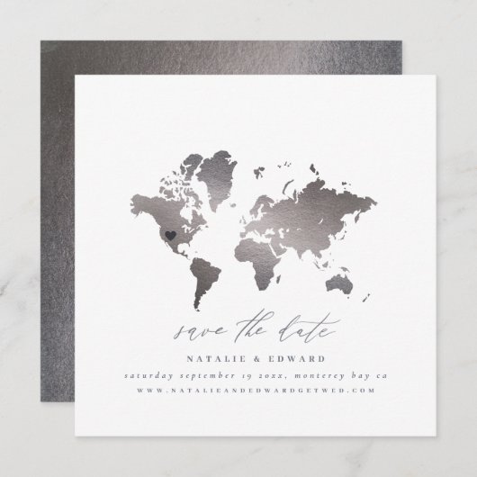 銀メタリック水のカラーワールドマップ結婚の値 案内状 (正面/裏面)