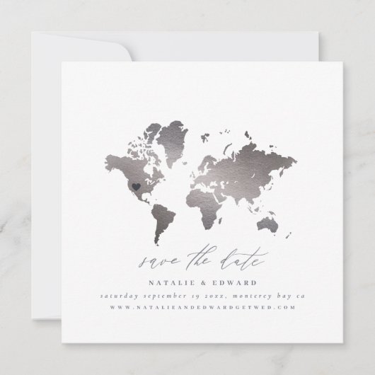 銀メタリック水のカラーワールドマップ結婚の値 案内状 (正面)