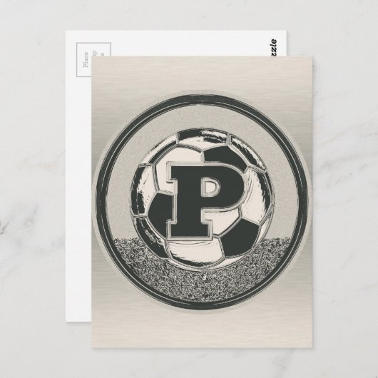 銀メダルサッカーモノグラム文字P ポストカード (正面/裏面)
