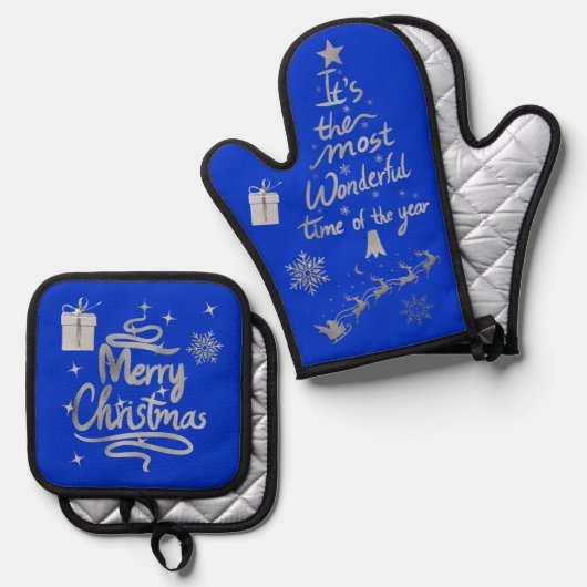 銀メリーと青の輝くクリスマス | 鍋つかみ&鍋敷きセット (正面/裏面)