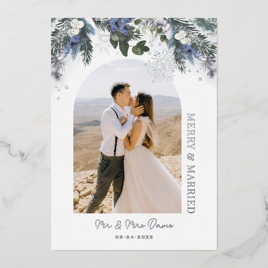 銀メリー青結婚した緑の冬フローラ 箔シーズンカード (正面)