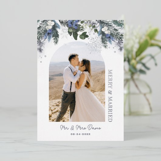 銀メリー青結婚した緑の冬フローラ 箔シーズンカード (立ち正面)