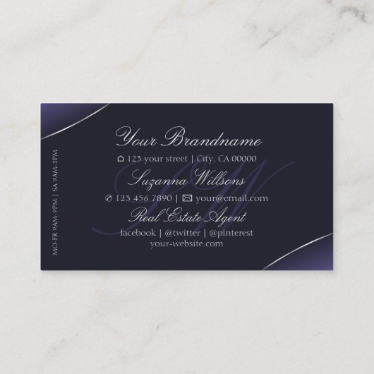 銀モダンとモノグラムのダーク縁どブルー 名刺 (裏面)