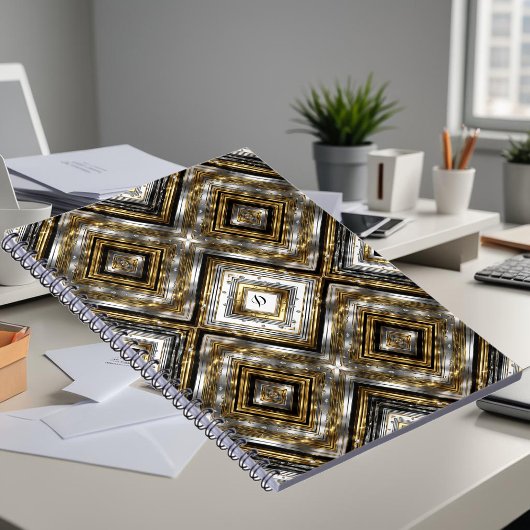 銀モダンと金ゴールドと黒のパターン ノートブック