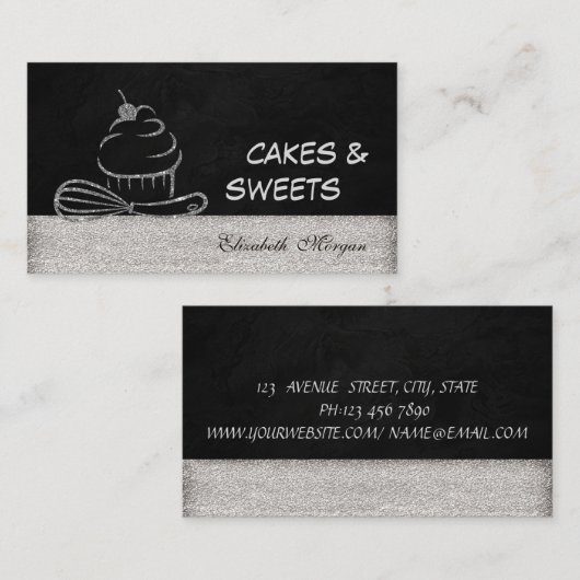 銀モダンエレガントの華やかなカップケーキ 名刺 (正面/裏面)
