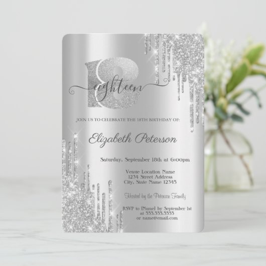 銀モダンエレガントグリッタードリップ18誕生日 招待状 (スタンド正面)