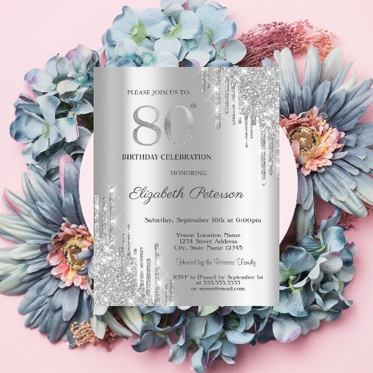 銀モダンエレガントグリッタードリップ80誕生日 招待状