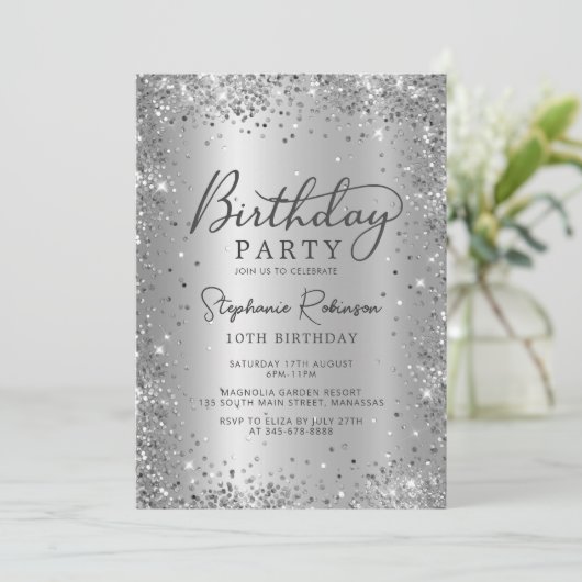 銀モダンエレガントグリッターメタル10誕生日 招待状 (スタンド正面)