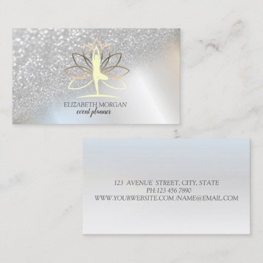 銀モダンエレガントグリッター《写真》ぼけ味ウォンロータス 名刺 (正面/裏面)