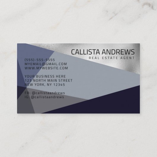 銀モダンエレガントダスティネイビーブルー幾何学模様 名刺 (裏面)