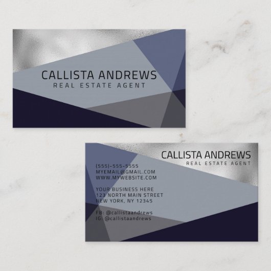 銀モダンエレガントダスティネイビーブルー幾何学模様 名刺 (正面/裏面)