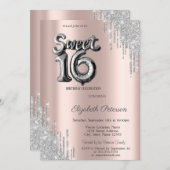 銀モダンエレガントドリップスバルーンスウィート16 招待状 (正面/裏面)