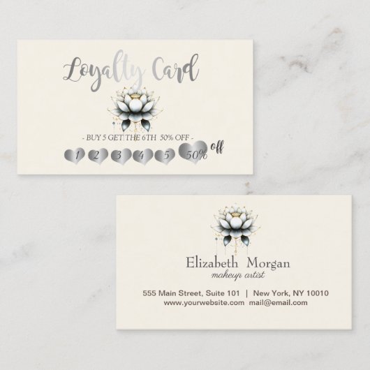 銀モダンエレガントハート、ホワイトロータス ロイヤリティカード (正面/裏面)