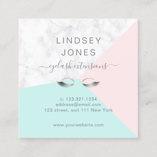 銀モダンエレガント大理石ピンクのミントまぶし スクエア名刺 (裏面)