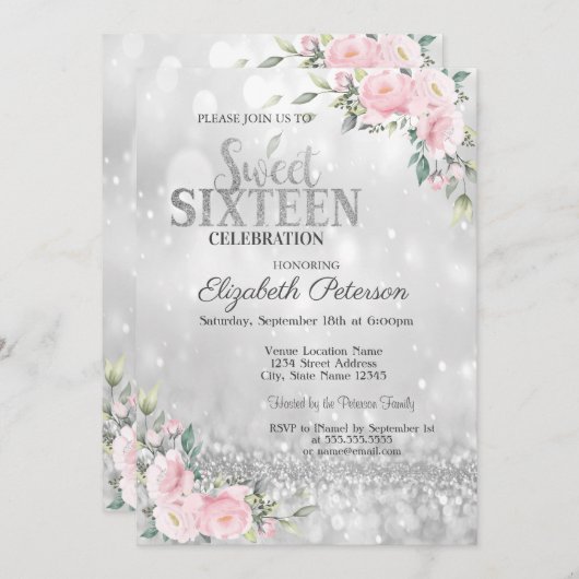 銀モダンエレガント《写真》ぼけ味フローラスウィート16 招待状 (正面/裏面)