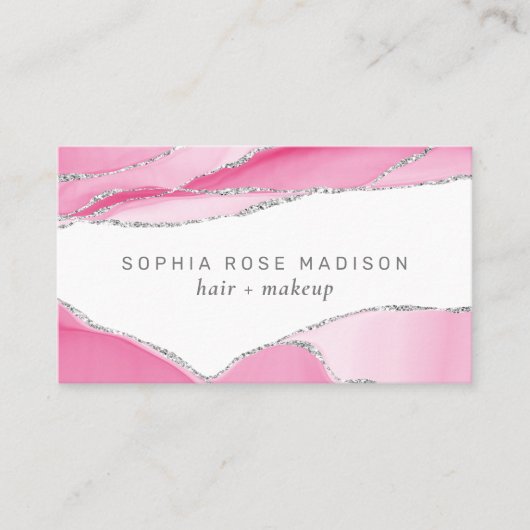 銀モダングリッターアゲートピンク水色 名刺 (正面)