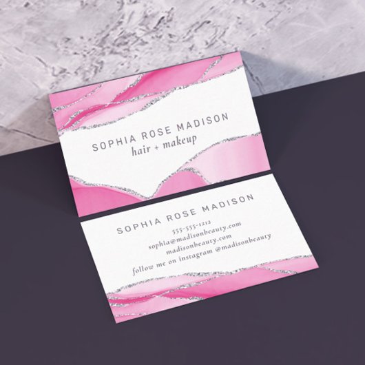 銀モダングリッターアゲートピンク水色 名刺