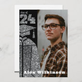 銀モダングリッターグラッドキャップガウン卒業 案内状 (正面/裏面)