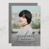 銀モダングリッターグラデーション写真ガーリー卒業 案内状 (正面/裏面)