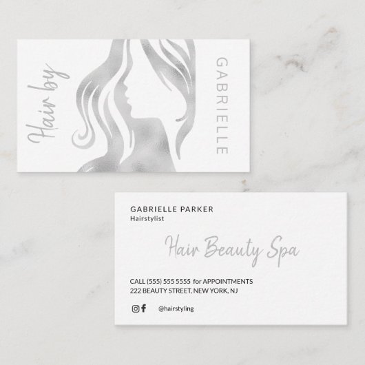 銀モダングリッターグレー及び白美容師 名刺 (正面/裏面)