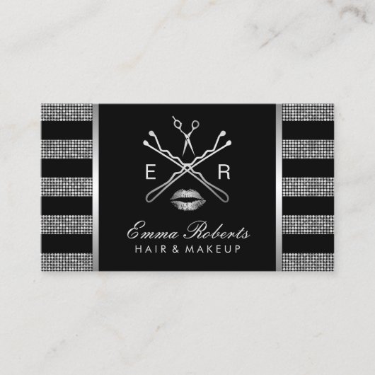 銀モダングリッターストライプ美しいサロン 名刺 (正面)