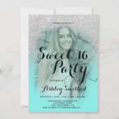銀モダングリッターティール（緑がかった色）アクアフォトスウィート16 招待状 (正面)