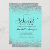 銀モダングリッターティール(緑がかった色)ガーリースウィート16誕生日 招待状 (正面/裏面)