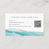 銀モダングリッターティール(緑がかった色)ミントアゲートQRコード 名刺 (裏面)