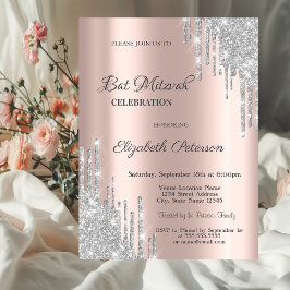 銀モダングリッタードリップバラ金ゴールドバー（ユダヤ教の）バル・ミツバー 招待状