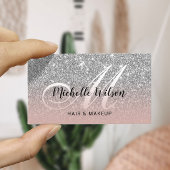 銀モダングリッターピンクモノグラム美しいサロン 名刺