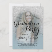 銀モダングリッターブルーグラデーション写真卒業 招待状 (正面)