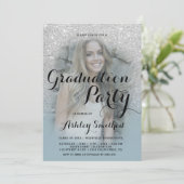 銀モダングリッターブルーグラデーション写真卒業 招待状 (スタンド正面)