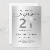 銀モダングリッター大人サプライズ21歳の誕生日 招待状 (正面/裏面)