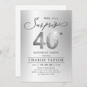 銀モダングリッター大人サプライズ40歳の誕生日 招待状 (正面/裏面)