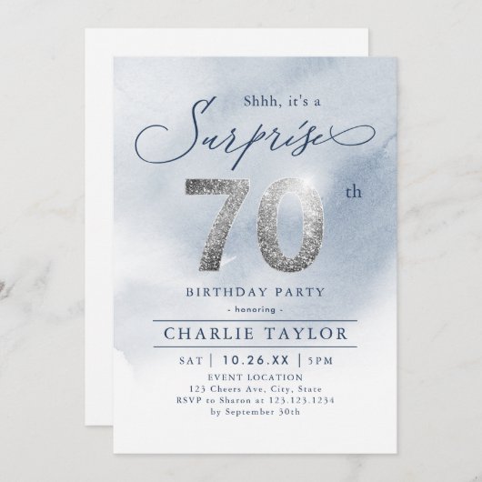 銀モダングリッター大人サプライズ70歳の誕生日 招待状 (正面/裏面)