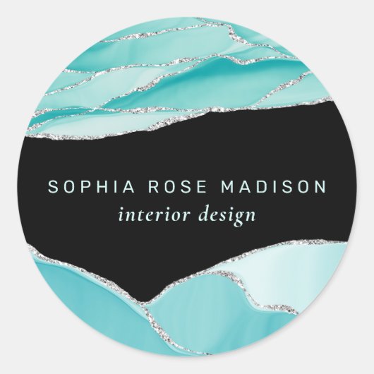 銀モダングリッター瑪瑙ティール(緑がかった色)水カラーブラック ラウンドシール (正面)