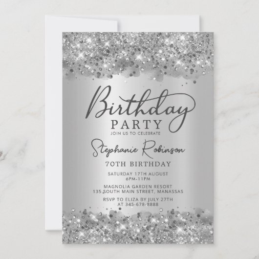 銀モダングリッター金属箔70誕生日 招待状 (正面)