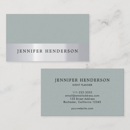 銀モダンストライプのダスティ青プロフェッショナル 名刺 (正面/裏面)