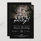 銀モダンディスコのボール誕生日パーティー 招待状 (正面/裏面)