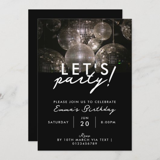 銀モダンディスコのボール誕生日パーティー 招待状 (正面/裏面)